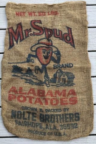 Vintage Burlap Bag Sack Mr.  Spud Brand,  Alabama Potatoes,  Fairhope,  Ala.