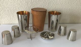 Vintage Made In Germany Travel Bar Shaker Set 4,  2 Nesting Cups W Leather Case
