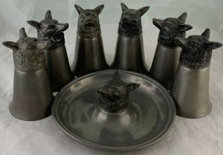 Vintage Pewter Fox Or Wolf Head Stirrup Cup/goblet & Tray Set 7
