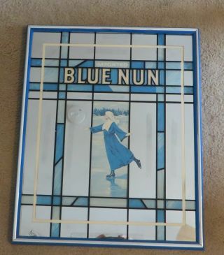 Vtg Blue Nun Wine Mirror Stained Glass Look Wall Sign Ice Skating Framed 21x17