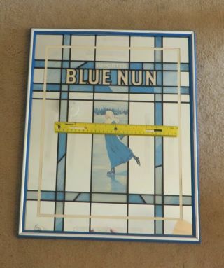 Vtg Blue Nun Wine Mirror Stained Glass Look Wall Sign Ice Skating Framed 21X17 2