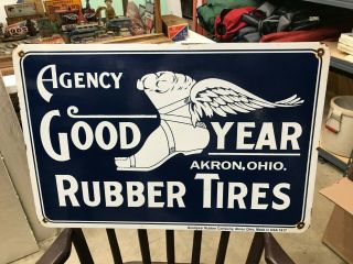 " Goodyear Rubber Tires " Large,  Heavy Porcelain Sign,  (dated 1917) 24 " X 16 ",