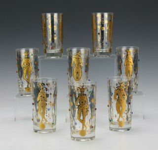 Set Of 8 Culver Harlequin Mardi Gras Jester Jeweled Highball Barware Glasses Gtf