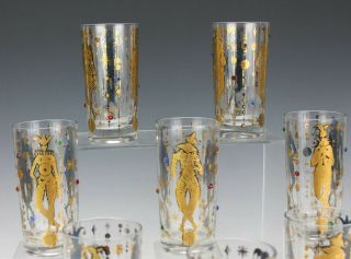 Set of 8 CULVER Harlequin Mardi Gras Jester Jeweled Highball Barware Glasses GTF 2