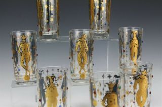 Set of 8 CULVER Harlequin Mardi Gras Jester Jeweled Highball Barware Glasses GTF 4