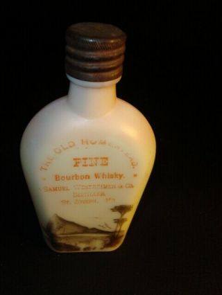 Circa 1890s Milk Glass Flask Bottle Samuel Westheimer Homestead Bourbon Whiskey