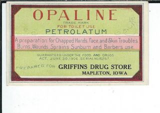 Av - 026 - Griffins Drug Store Davenport Iowa Opaline Petrolatum Jar Label 1930s
