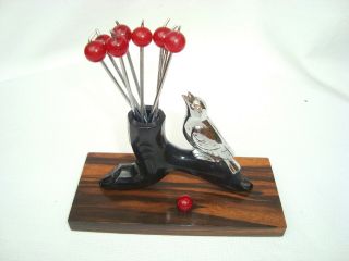 Art Deco Ebony Wood Bakelite & Chrome Bird Red Cherries Cocktail Pick Holder Set