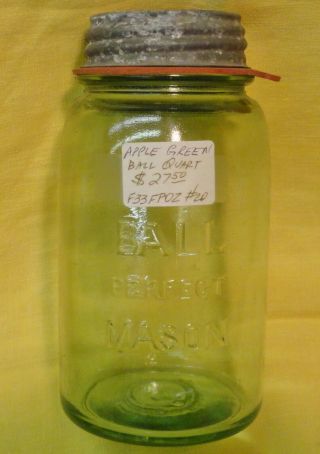 Green Ball Perfect Mason Quart Fruit Jar W/ Block Letters & Pontil Scar