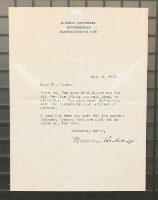 Norman Rockwell Signed 1976 Typed Letter Autographed Auto Jsa Loa