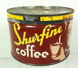 Vintage 1935 SHURFINE COFFEE Tin Can 1lb with Lid Drip Grind M M M This is it 2