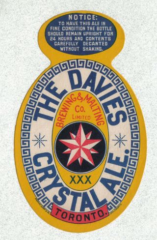 Brewery Label - Canada - The Davies Crystal Ale - Toronto,  Ontario (1883 - 1901)
