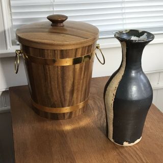 Vintage Mid Century Modern Ice Bucket KMC Wood & Brass Lidded Danish Insulated 7