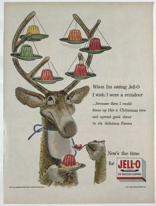 1954 Vtg Print Ad Jell - O Reindeer Christmas Flavor Jello Funny Holiday