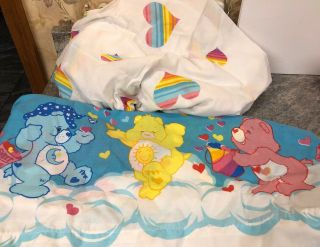 Care Bears Twin Sheet Set Fitted Flat Rainbow Heart Bedtime Funshine Tenderheart