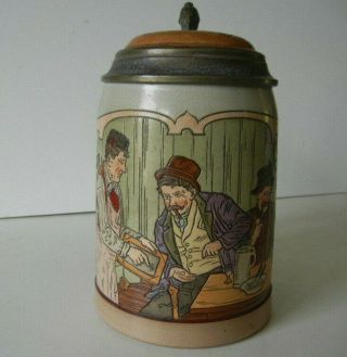 Antique German Beer Stein By Marzi And Remy Etched Tavern Scene 1617 C.  1900