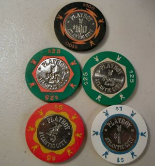 Group Of 5 Playboy Coin In Center Chips Atlantic City $100,  (2) $25,  $5,  $1