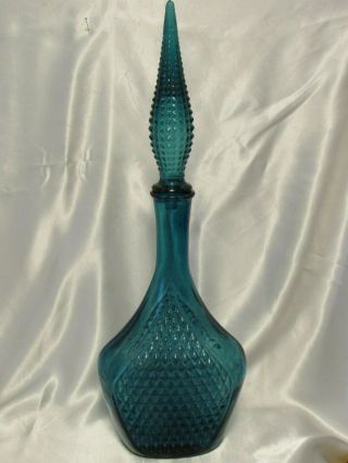 Vintage Decanter Bottle Teal Blue Aqua Glass Design With Topper 18 " Tall Italy