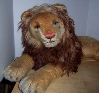 Vintage 1950 - 60s Steiff Leo Lion Large Lying Dwn Mohair Stuffed Plush Toy Animal