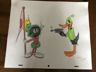 Virgil Ross Sketch - Marvin The Martian And Daffy Duck.  Signed 12.  5x10.  5”