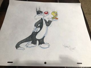 Virgil Ross Sketch - Sylvester And Tweety Bird.  Signed 12.  5x10.  5”