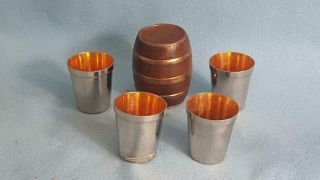 1960s German Pocket Drinks Set Sml Brass Barrel 4 Shot/schnapps Nip Cups
