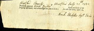 Noah Webster - Document Fragment Signed 07/25/1782