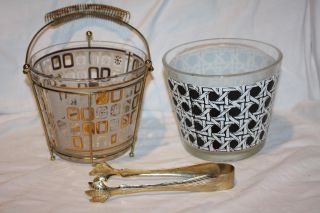 2 Vintage Ice Buckets W/ Caddy Glass Geometric Mid Century With Tongs