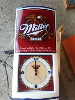 Vtg Miller Beer Light Up Back Bar Clock With Eagle Sign Game Room Man Cave
