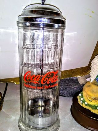Vintage Coca Cola Straw Dispenser Glass Holder Jar Coke Bottle Soda Drink Diner