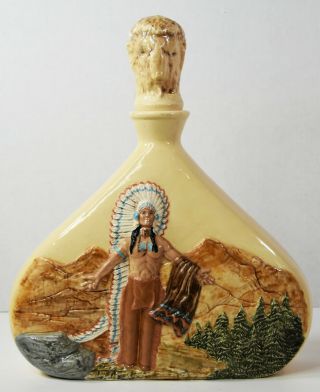 12 " Vintage Glazed Ceramic Indian Decanter Chief W/ Feathers Buffalo Stoper