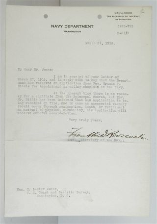 1916 President Franklin Delano Roosevelt Typed Letter Signed Tls Fdr Autograph