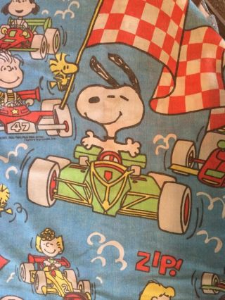 Vintage Peanuts Gang Blue Flat Full Bed Sheet Racing Cars Snoopy Charlie Brown 3