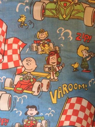Vintage Peanuts Gang Blue Flat Full Bed Sheet Racing Cars Snoopy Charlie Brown 4