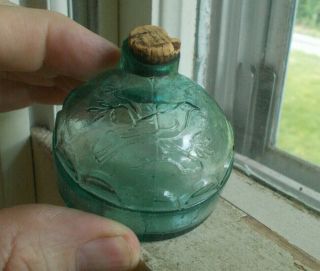 Aqua 1870s Igloo Turtle Ink Bottle With Emb Cardinal Bird Scalloped Panels