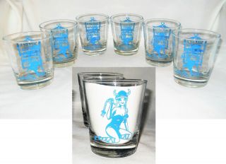 Cocktail Glasses Sexy Viking Pin Up Girl Set Of 6 Mcm Vintage Blue Barware