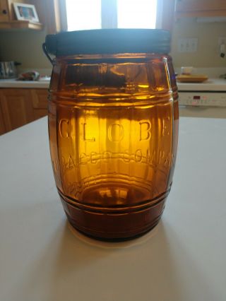 Awesome Amber Globe Tobacco Co.  Detroit Pat Oct 10 1882 Jar/barrel W/lid