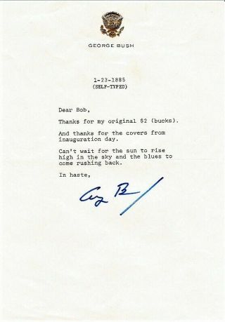President George H.  W.  Bush Self - Typed Signed Letter And Stamped 2 Dollar Bill