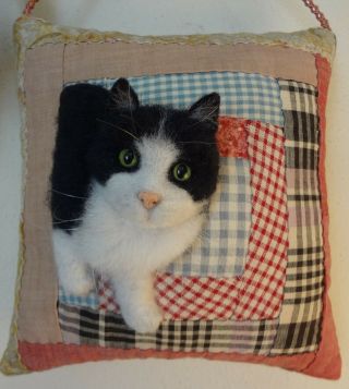 3d Tuxedo Cat On Antique Quilt Cupboard Pillow Ooak Fabric Art By Renate 