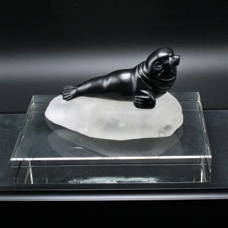 Faberge Hand - Carved Black Onyx Seal Sea Lion On Crystal Rock Base 5 "