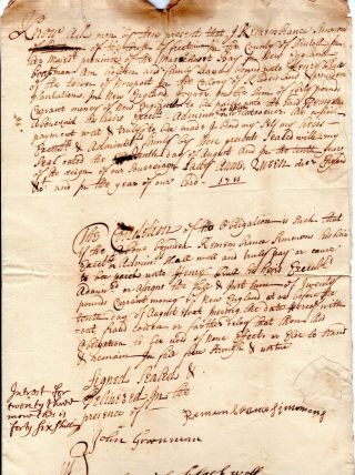 1712,  Samuel Cranston,  Governor Of Rhode Island,  Signed Obligation Bond