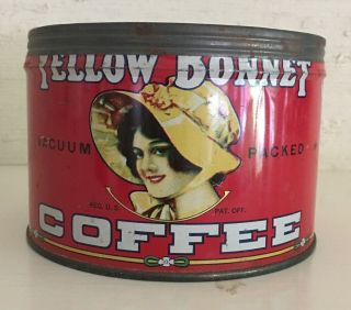 Antique Yellow Bonnet Key Wind Coffee Tin Litho Graphic Can No Lid No Dents