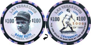 Las Vegas Club $100 Babe Ruth Casino Chip 1000 Las Vegas Nv -