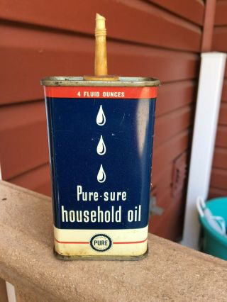 Vintage Pure Pure - Sure Household Oil Can 4 Oz Metal Can Pure Oil Company Oil Can