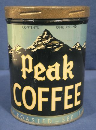 Vintage Antique Peak Coffee Tin One Pound Top Wow 2