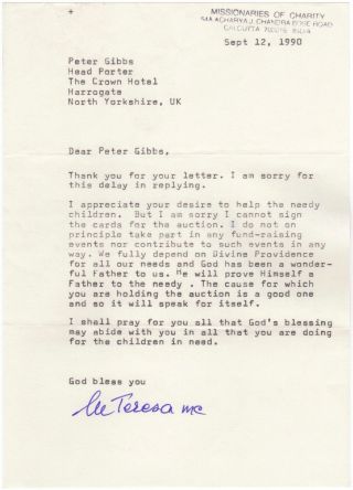 Mother Teresa – Typed Letter Signed “i Do Not Take Part Any Fund - Raising Events "