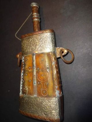 Vintage Moroccan Bone/silver/copper Flask With Chain And Stopper