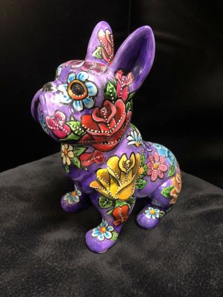 French Bulldog Frenchie Hand Painted Figurine Statue Home Art Roses