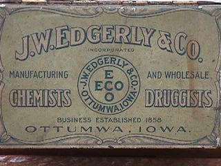 J.  W.  Edgerly Co.  Antique Metal Tin Box Seidlitz Powders C.  1906 Box Ottumwa,  Iowa