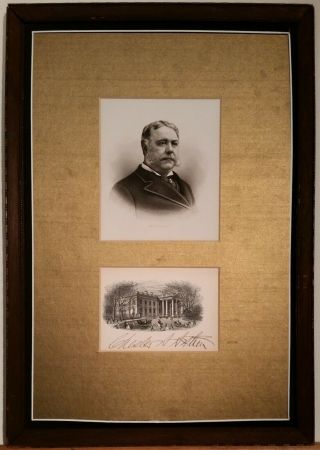 Chester A.  Arthur Signed White House Card With Portrait Engraving Frame